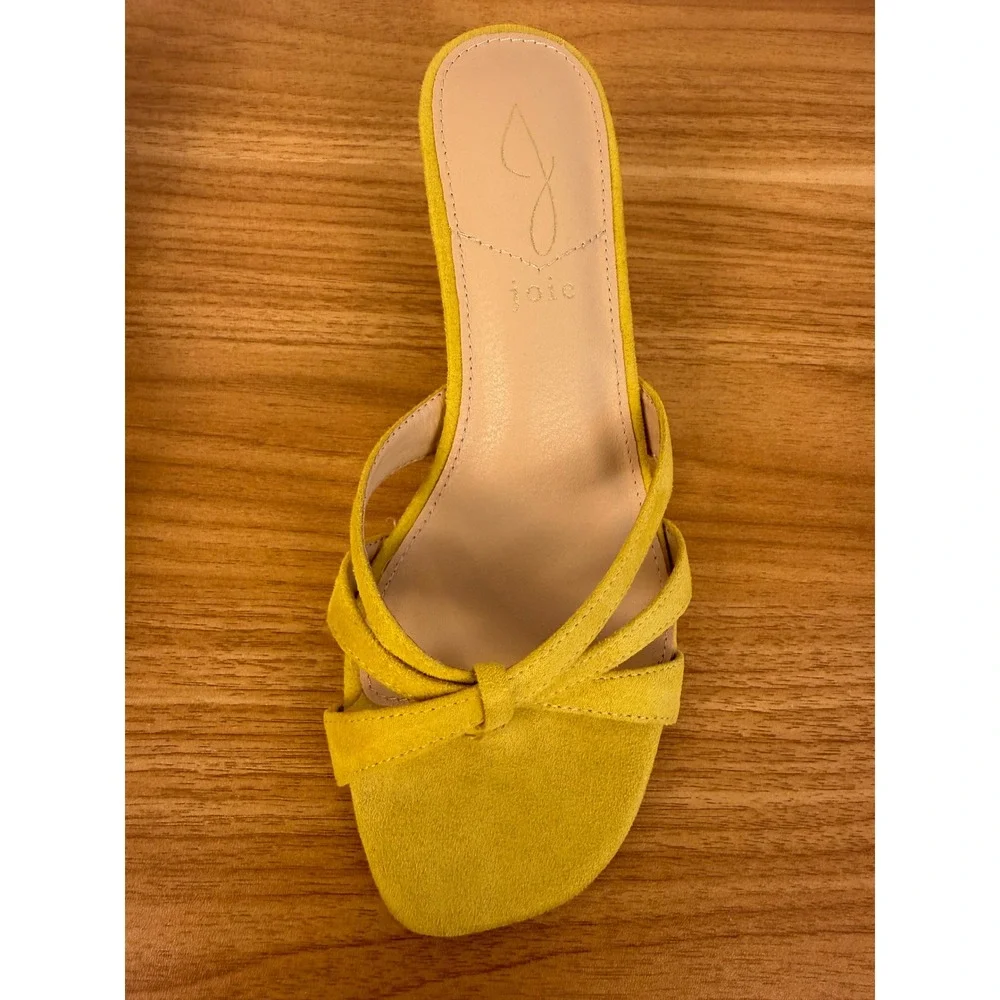 Joie Chartreuse Suede Bow Heeled Sandals Strappy Square Toe Kitten Heel Size 7.5